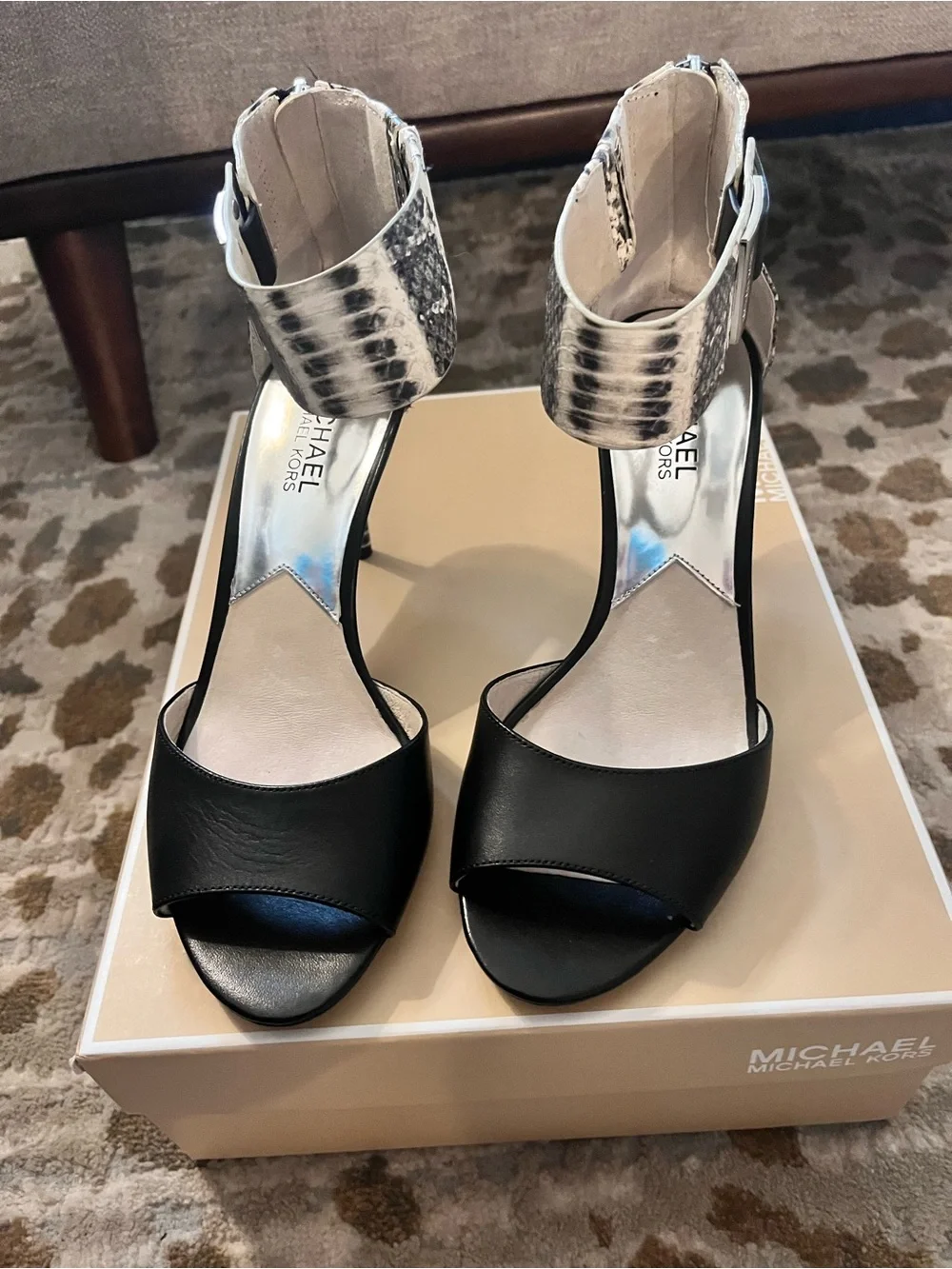 Michael Kors Black Leather Open-Toe Heels with Snakeskin-Ankle Strap